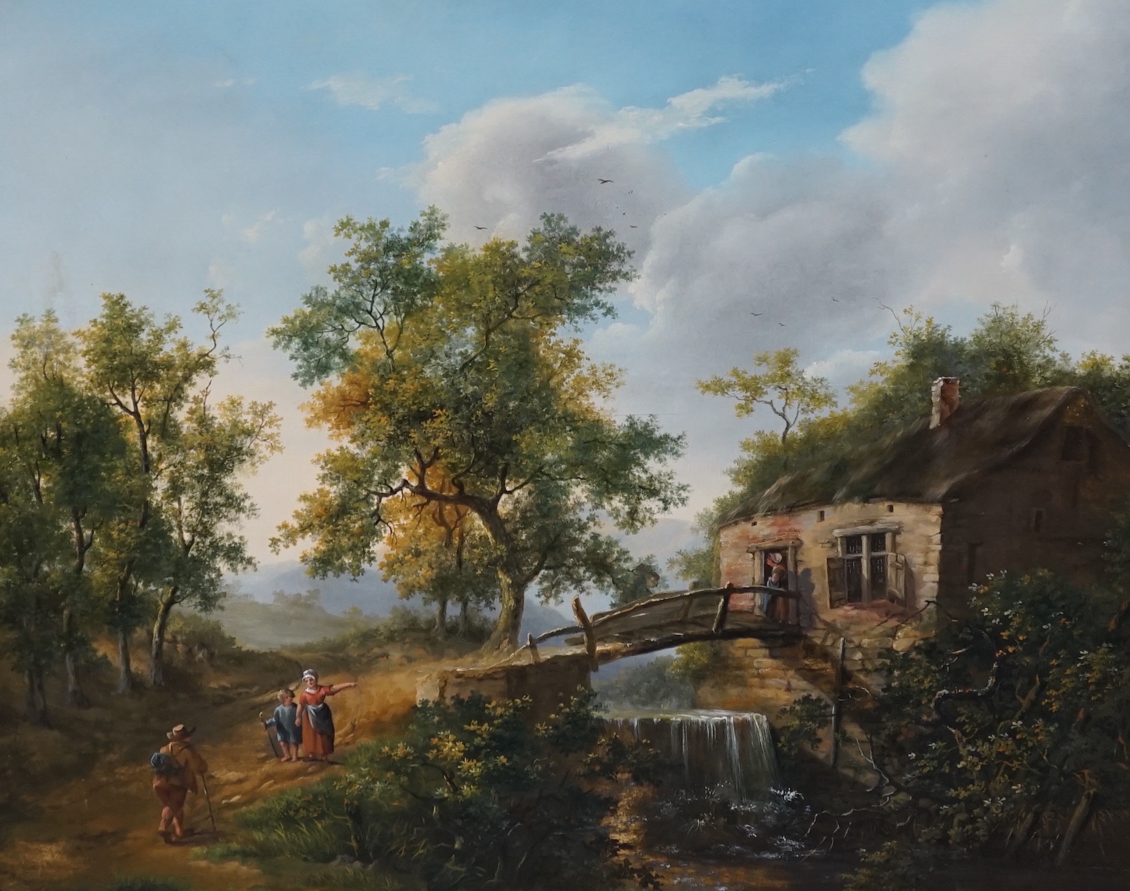 English School circa 1850, oil on panel, Landscape with mountain stream, cottage, bridge and figures on a track, 44 x 53cm